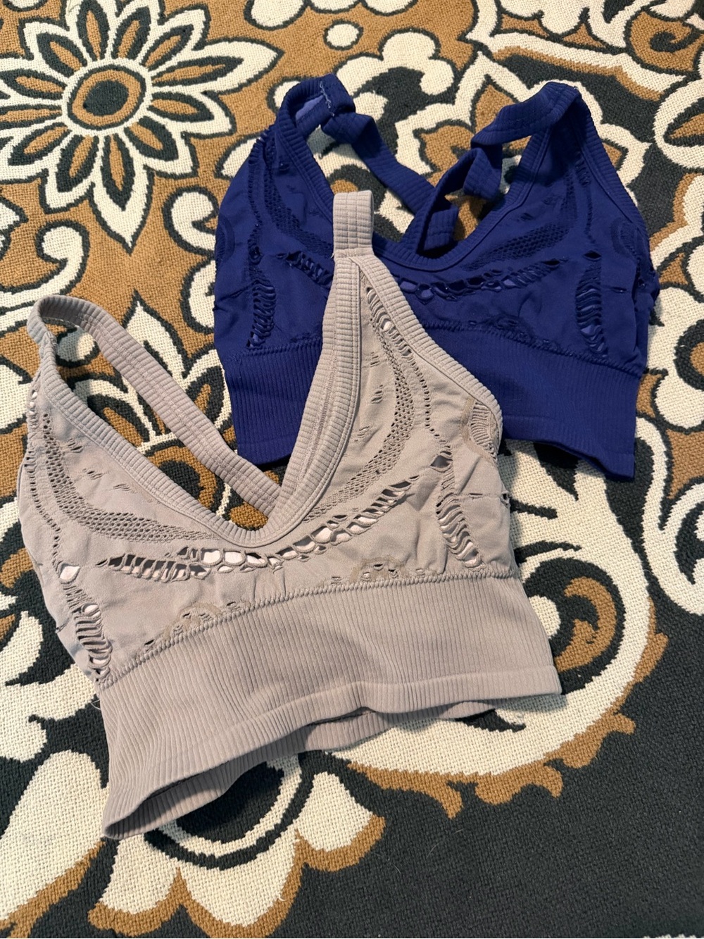 Balance Athletica Lace-Detail Bralettes in Taupe and Deep Blue